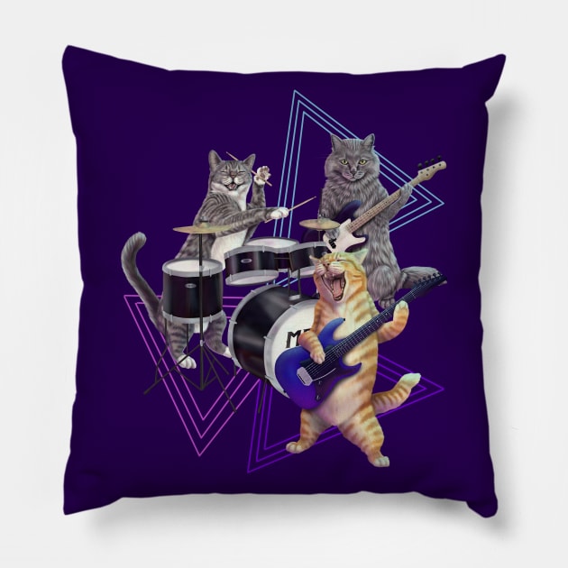 Cat band- Rock band kitties playing the bass, electric guitar, and drums Pillow by Mehu Art