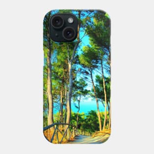 Scene from Sirolo with fenced gravelly road, tall trees, sky and sea Phone Case