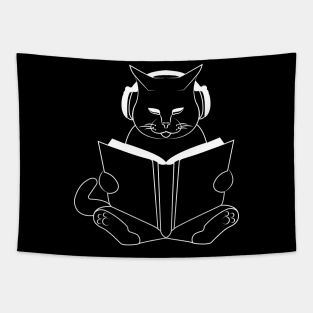 Cat reading book with headphones Tapestry