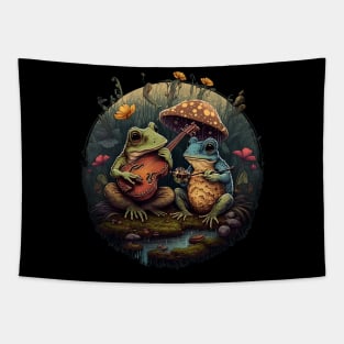 Cottagecore aesthetic frogs playing ukelele on Mushroom Tapestry