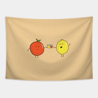 funny fruits orange and lemon drinking juice together Tapestry