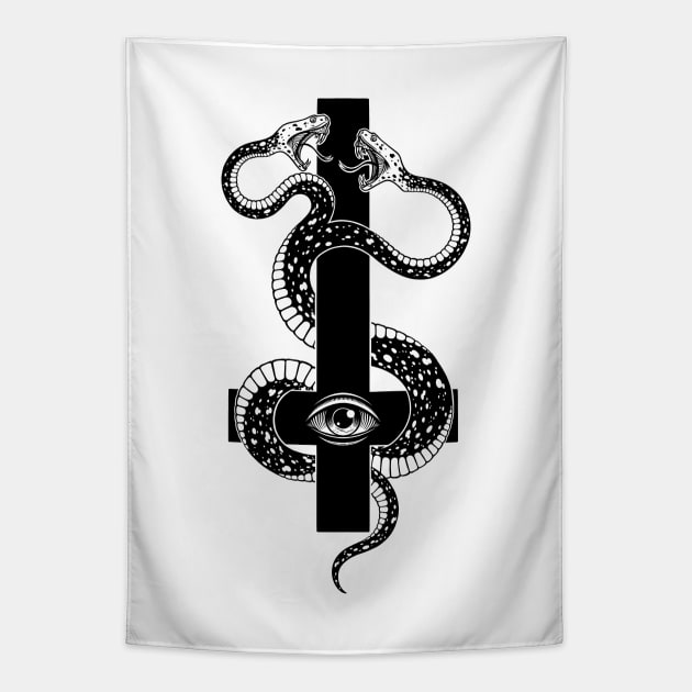 inverted cross. satanic two-headed serpent Tapestry by OccultOmaStore