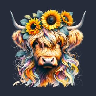 Highland Cow with Crown of Sunflowers T-Shirt