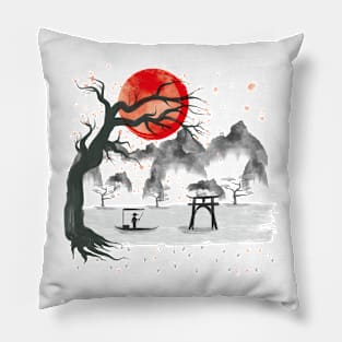 Ancient Japanese Graphic Art Cherry Blossom woodblock Vintage Pillow