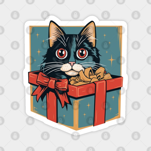 Vintage charm - adorable kitten peeking out of a holiday gift box, nostalgic design illustration for Christmas fun. Magnet by Art KateDav