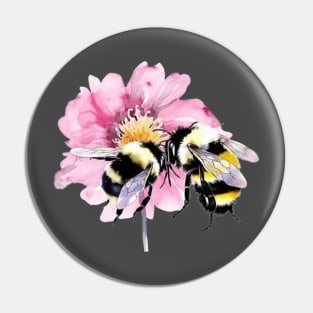 Bees in Watercolor Sitting on A Pink Flower Pin