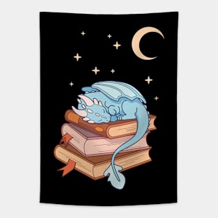 Little blue dragon sleeping on a stack of books Tapestry