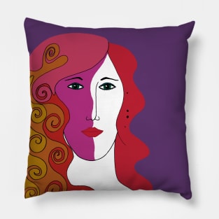 Woman's Face with Red, Pink and Orange Colored Hair Pillow