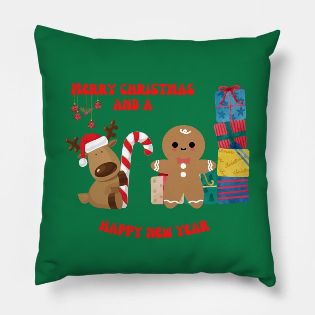 Gingerbread man and reindeer Christmas Pillow by Rubi16