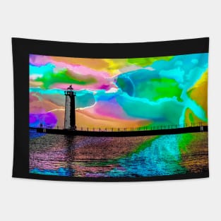 Watercolor Sunset at Muskegon South Pier Lighthouse Tapestry