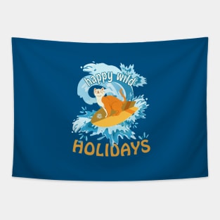 Happy Wild Holidays Surfing Cat Tapestry