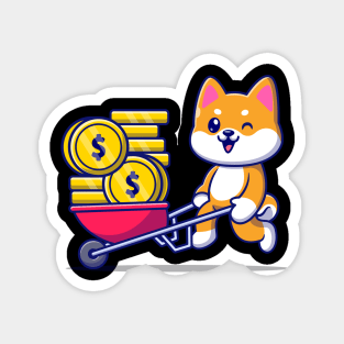 Cute Shiba Inu Dog Pushing Cart Gold Coin Cartoon Magnet