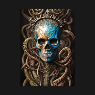 Blue and Gold Skull | Skull and Tentacles Artwork | Armored Skull | Dystopian Skull | Warrior Skull T-Shirt