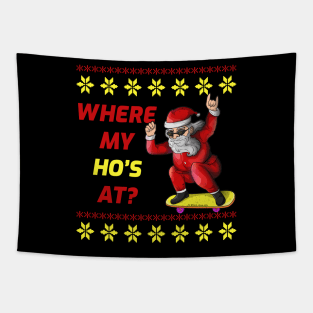 Skateboarding Santa Claus Where My Hos At Funny Christmas Tapestry