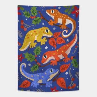 Colourful Christmas Geckos with Holly on Bright Blue Tapestry