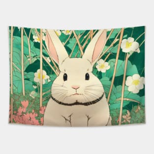 Flower Journey with the Cottagecore White American Fuzzy Lop Rabbit Tapestry