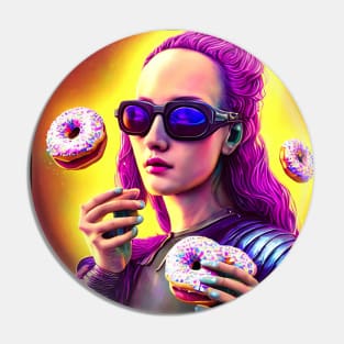 surreal donut goddess with sunglasses and psychedelic pink hair steampunk style Pin