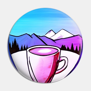 Watercolor Coffee And Mountains Pink, Retro Drink Coffee Outdoors, Cool hiker gift Pin