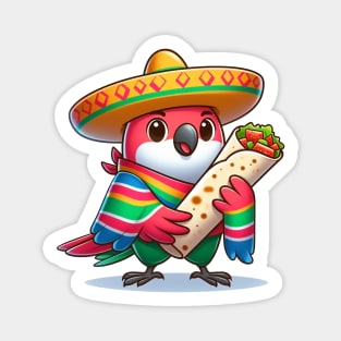 cute love birds are eating Mexican specialties, Tacos, Burritos, Enchiladas, Quesadillas, Guacamole, Fajitas, Chiles Rellenos, Tamales, Mole, Chilaquiles, Magnet