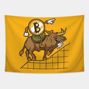 Bitcoin cartoon riding the bull Crypto Merch BTC Tapestry