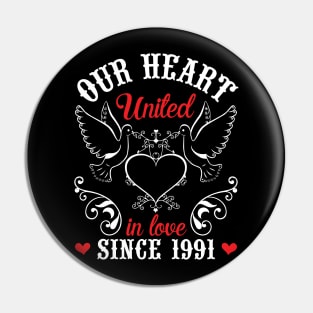 Husband Wife Our Heart United In Love Since 1991 Happy Wedding Married 29 Years Anniversary Pin