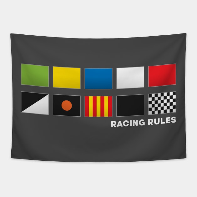 'Racing Rules' F1 Flag Motorsport White Text Design Tapestry by DavidSpeedDesign