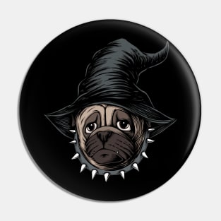 halloween pug dog wear hat witch illustration Pin