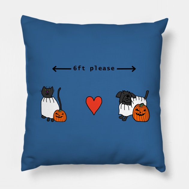 Cat and Dog Social Distancing a Halloween Horror Pillow by ellenhenryart