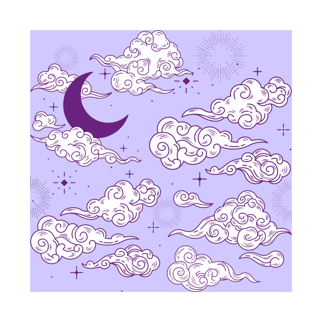 Celestial Moon and Stars With Clouds Seamless Pattern by ichewsyou