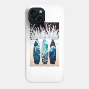 Surf boards with painted ocean waves on the beach with trees Phone Case