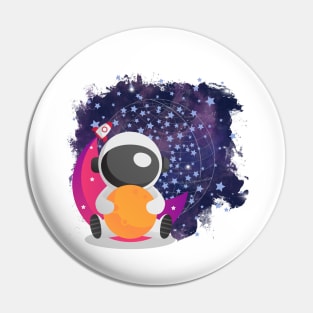 Cute Astronaut on a Pink Moon Space Travel Rocket Stars Pin