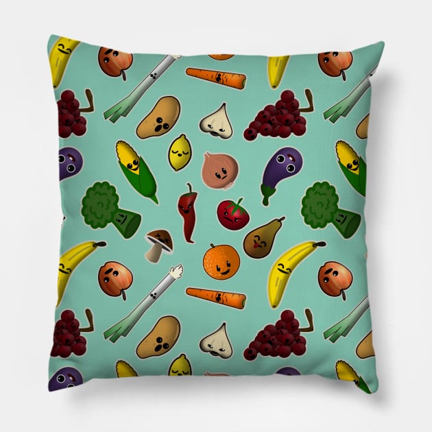 Kawaii Cute Fruits and Vegetables Pattern Pillow by Mewzeek_T