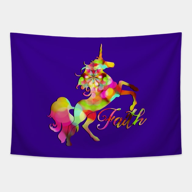 Rearing Unicorn Faith - Bokeh Dots Colored Tapestry by EDDArt