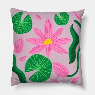 pink floral, aesthetic flowers and green leaves, plant Pillow