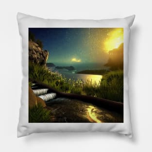 Realistic Dusk Fantasy of a Flowing Water Stairway Pillow