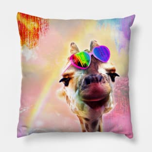 Rainbow Giraffe Wearing Love Heart Glasses Pillow