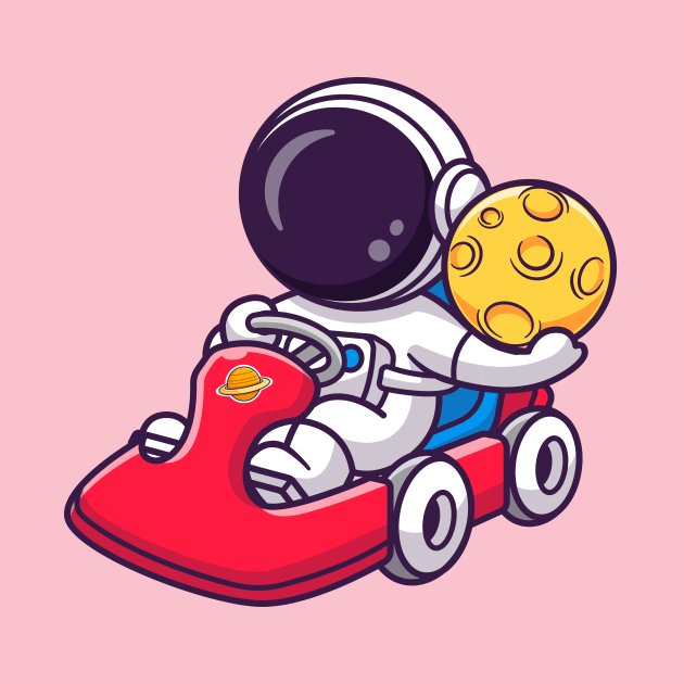 Cute Astronaut Riding Gokart With Holding Moon Cartoon by Catalyst Labs