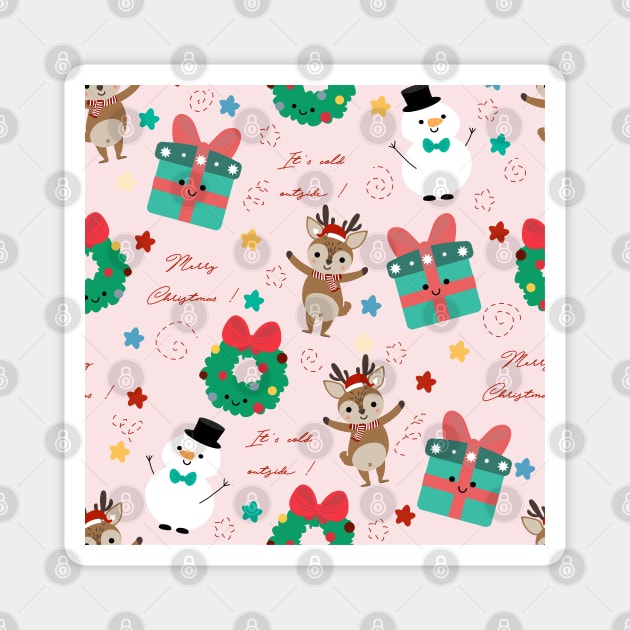 Cute deer and snowman with Christmas elements vector seamless pattern Magnet by Arch4Design