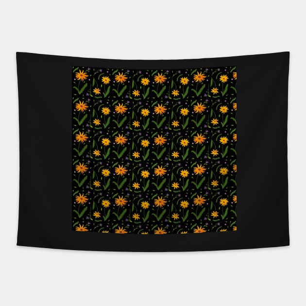 Black-Eyed Susan Pattern with a black background Tapestry by Sandraartist