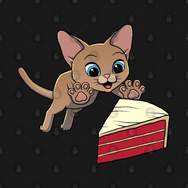 Devon Rex Cat excited to eat Red Velvet Cake by Crazy Cool Catz