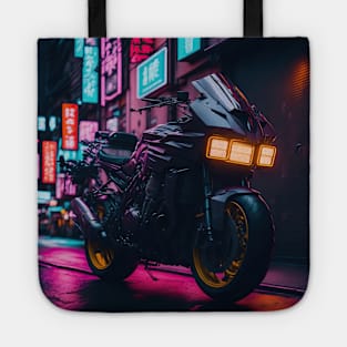 Neon Speedster: Motorcycle Majesty in a Japanese Metropolis Tote