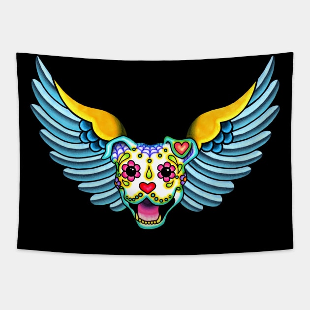 All Pit Bulls go to Heaven - Day of the Dead Winged Pitbull - Sugar Skull Angel Tapestry by prettyinink