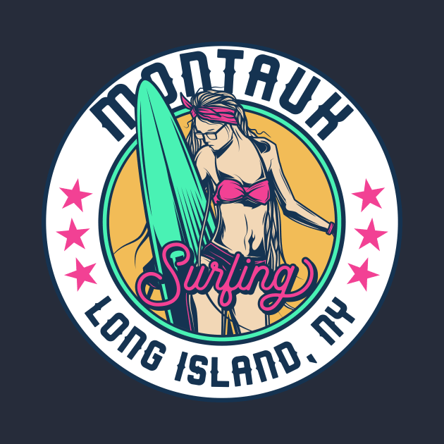 Retro Surfer Babe Badge Montauk Long Island New York by Now Boarding