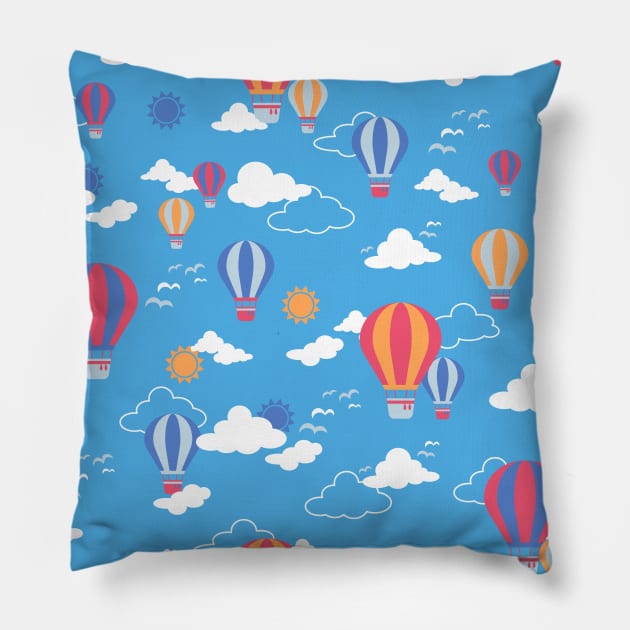 Hot Air Balloon in the Blue Sky Pattern Pillow by FlinArt