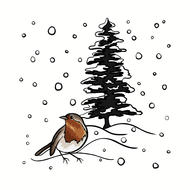 Robin and Snow Covered Trees Digital Illustration by AlmightyClaire