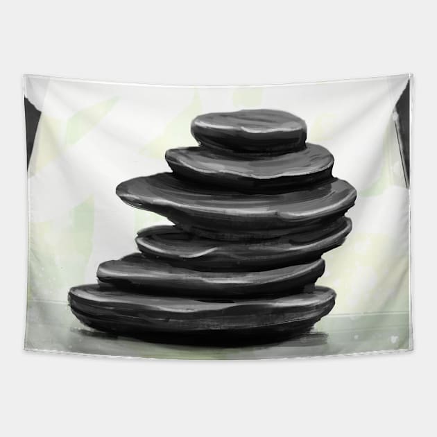 Painting of Balanced Black Zen Stones, Lime Background with the Word Zen in Japanese Tapestry by ibadishi