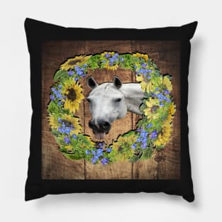 Farmhouse Horse Design, Sunflower Floral Wreath Horses Pillow