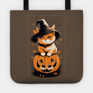 Cute Cat Wearing A Wizard Hat On A Pumpkin Tote