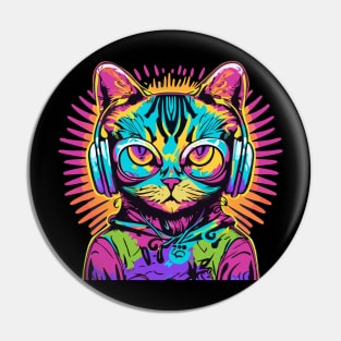 t-shirt design, colorful cat with headphones on, graffiti art psychedelic art, black background, synthwave, colorful Pin