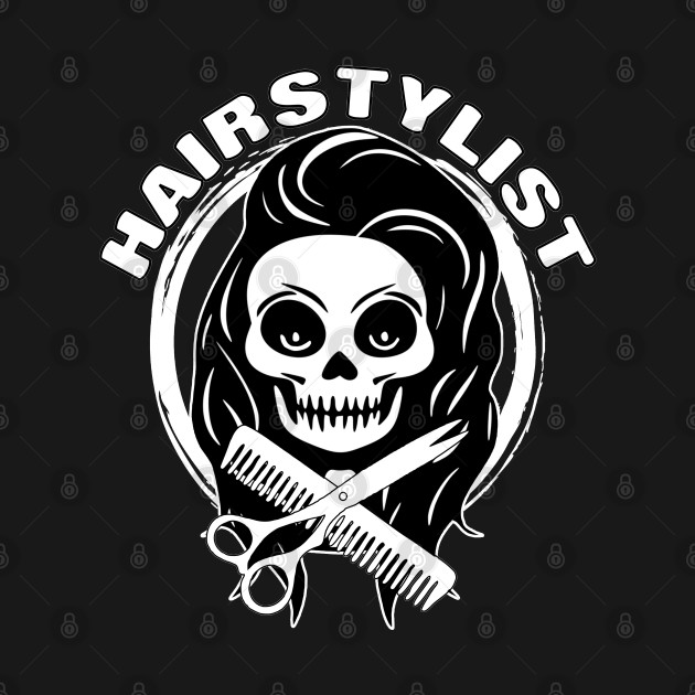 Female Hairstylist Skull and Hairdressing Tools White Logo by Nuletto